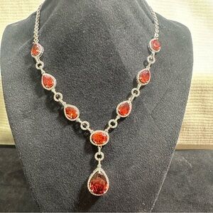 Vtg: Ruby Red & Clear Zircon ‘Y’ Drop Runway Necklace ••Untested